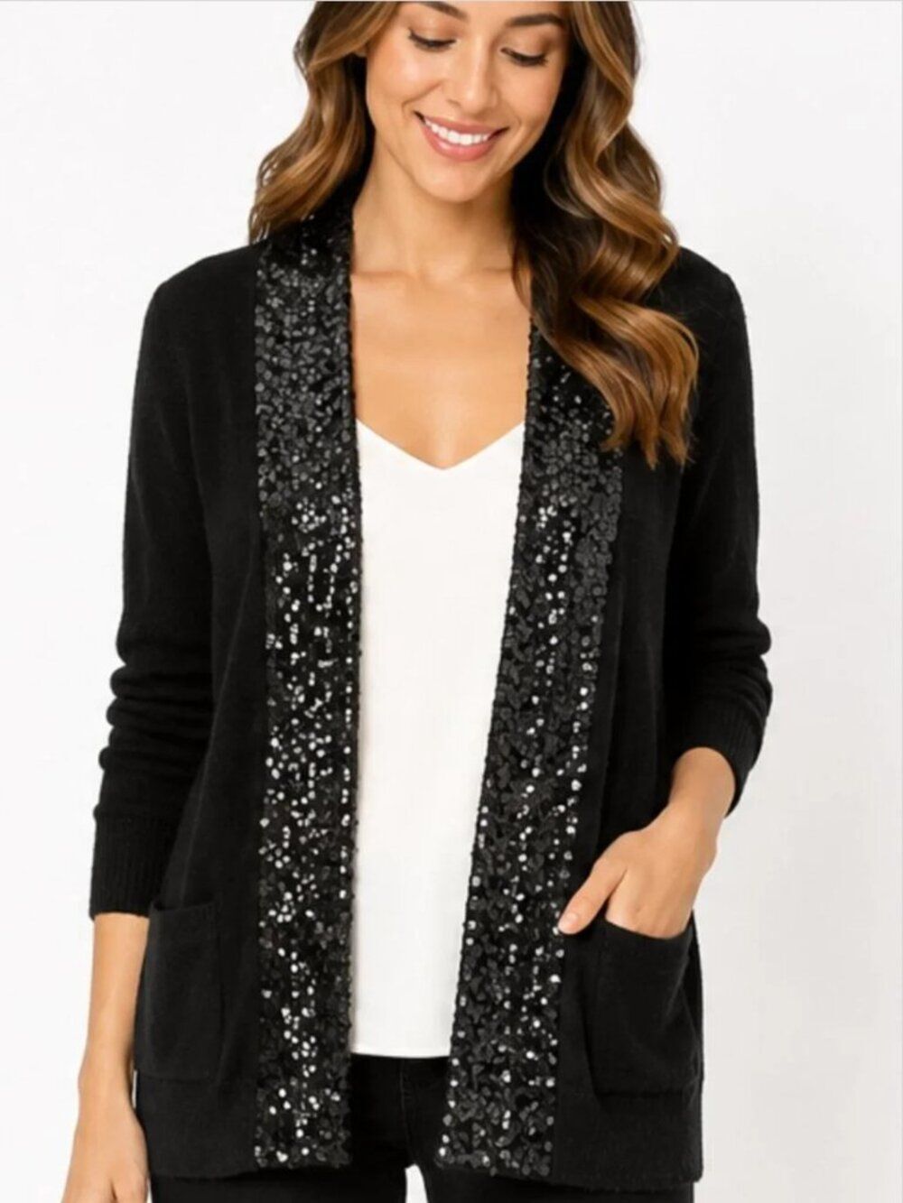 J.Crew Black Sequin Trim Cardigan Sweater Small | Open Front Knit | Quiet Luxury